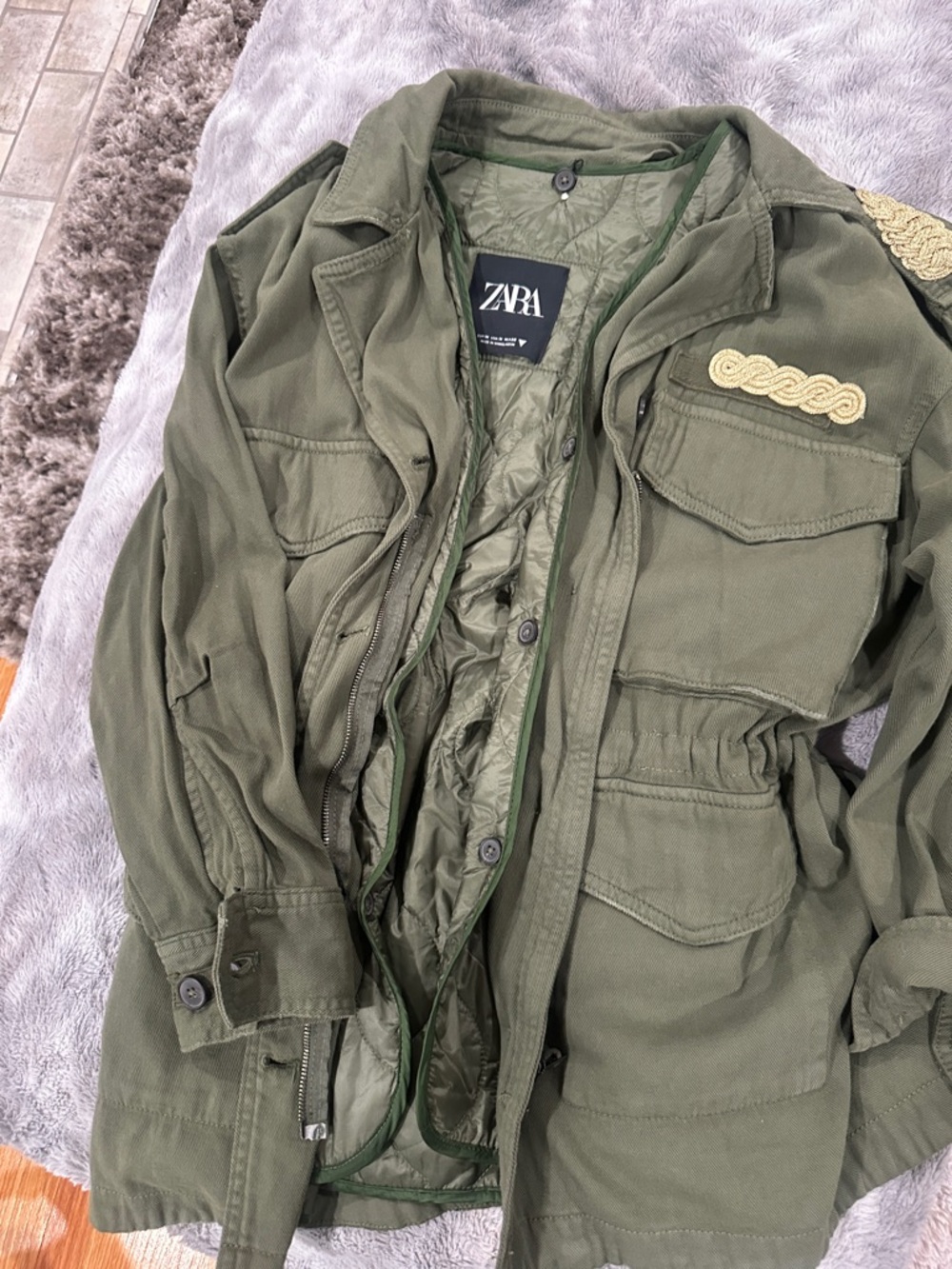 Zara Olive Green Military Field Jacket with Braid Detail